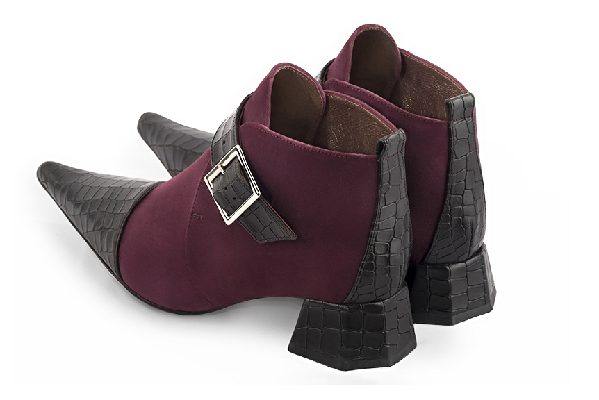 Satin black and wine red women's ankle boots with buckles at the front. Pointed toe. Low flare heels. Rear view - Florence KOOIJMAN